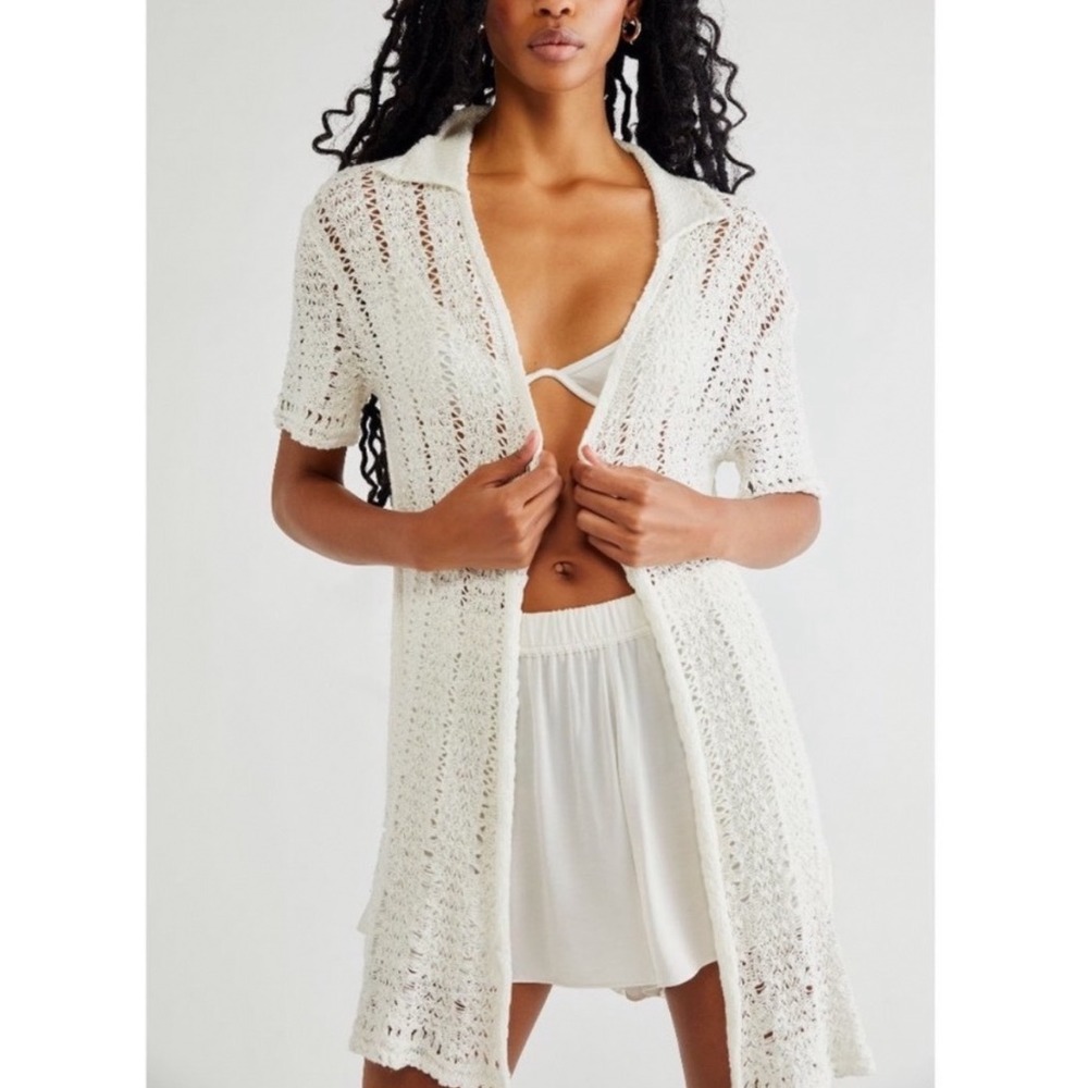 Free People Soda Pop Ivory Open Knit Cardigan Short Sleeve Beach Cover Up XS